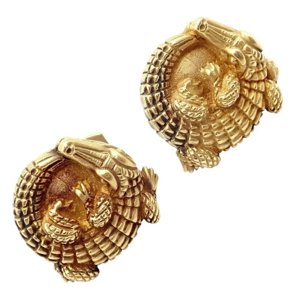 Rare! Vintage Kieselstein Cord 18k Yellow Gold Coiled Alligator Cufflinks 1980
